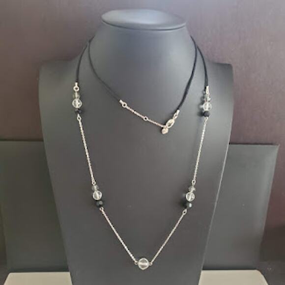 Swarovski Necklace with Crystals and Black Beads on Satin a‎ Cord Swan Signed - Picture 1 of 8